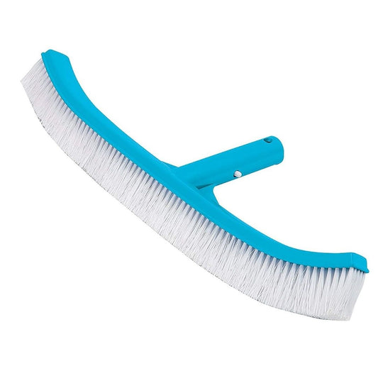 Intex 16-inch wide curved pool wall brush featuring a blue reinforced frame and dense white scrubbing bristles for efficient large-surface cleaning.