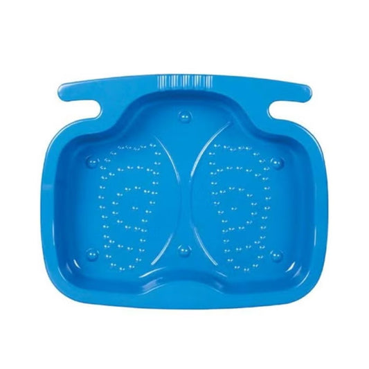 Intex blue plastic pool foot bath with a textured non-slip bottom and molded handles, designed to keep pool water clean by rinsing feet before entry.