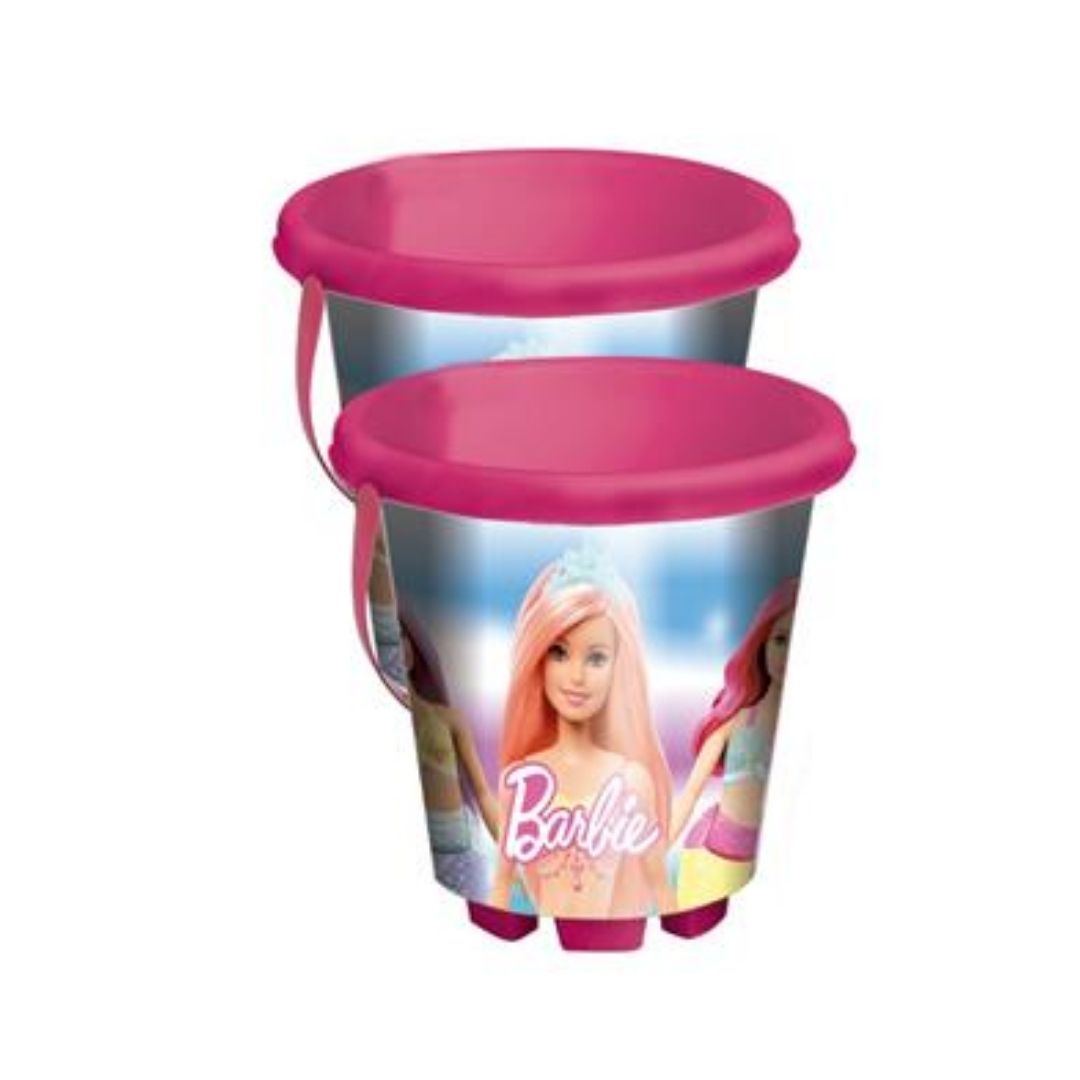 Vibrant multicolor Barbie-themed beach bucket by Unice, featuring high-quality Barbie character graphics, a sturdy pink carry handle, and a glossy finish.