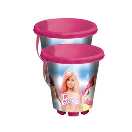 Vibrant multicolor Barbie-themed beach bucket by Unice, featuring high-quality Barbie character graphics, a sturdy pink carry handle, and a glossy finish.