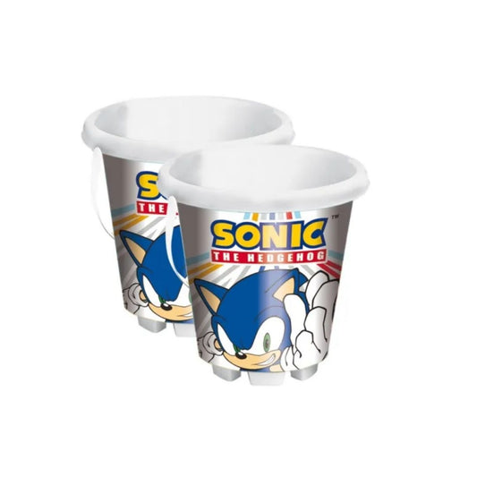 Vibrant blue multicolor Sonic the Hedgehog beach bucket by Unice, featuring high-action Sonic character graphics and a sturdy black carry handle.
