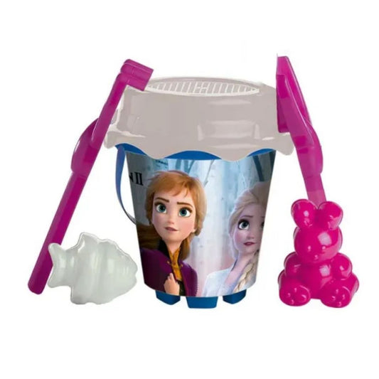 Vibrant multicolor Disney Frozen 2 themed beach bucket by Unice, featuring high-quality Elsa and Anna graphics, including four essential sand tools like a shovel, rake, and sifter for creative play.