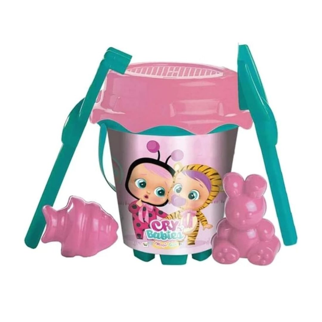 Vibrant multicolor Cry Babies themed beach bucket by Unice, featuring high-quality character graphics and including four essential sand tools like a shovel, rake, and sifter for creative play.