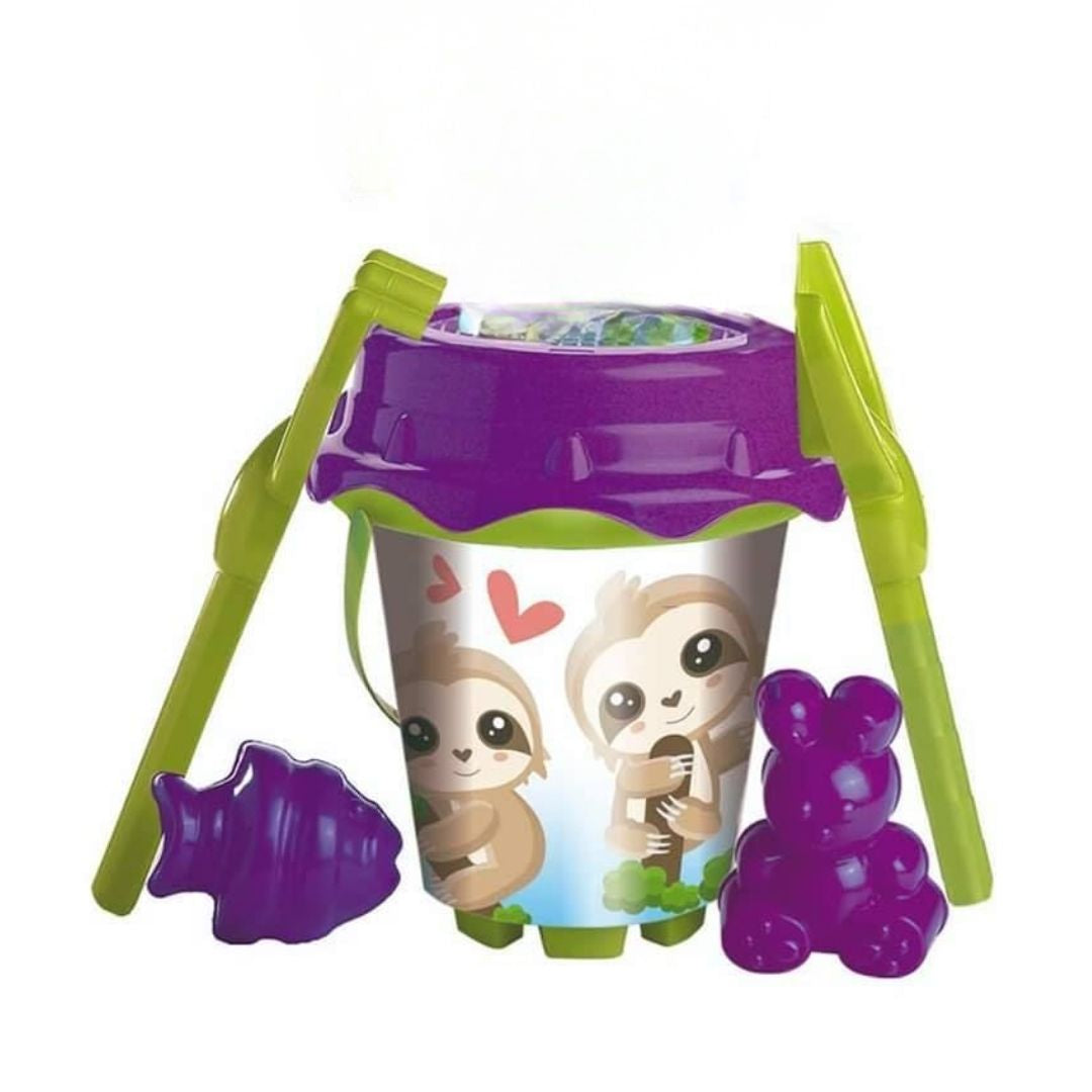 Adorable multicolor sloth-themed beach bucket set by Unice, featuring a detailed sloth illustration and including four essential sand accessories like a shovel, rake, and sand molds.