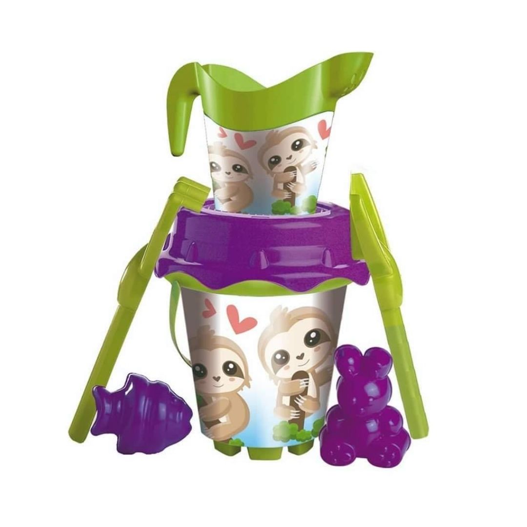 Vibrant multicolor sloth-themed beach bucket by Unice, featuring a cute sloth illustration and including essential sand play tools like a shovel, rake, and sifter lid for creative beach fun.