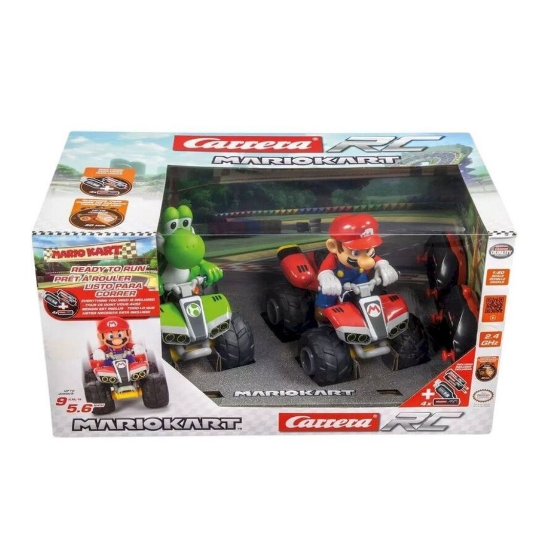 Carrera RC Mario Kart Twin Pack featuring Mario and Luigi in their classic 1:32 scale racing karts with two separate 2.4 GHz remote controls.