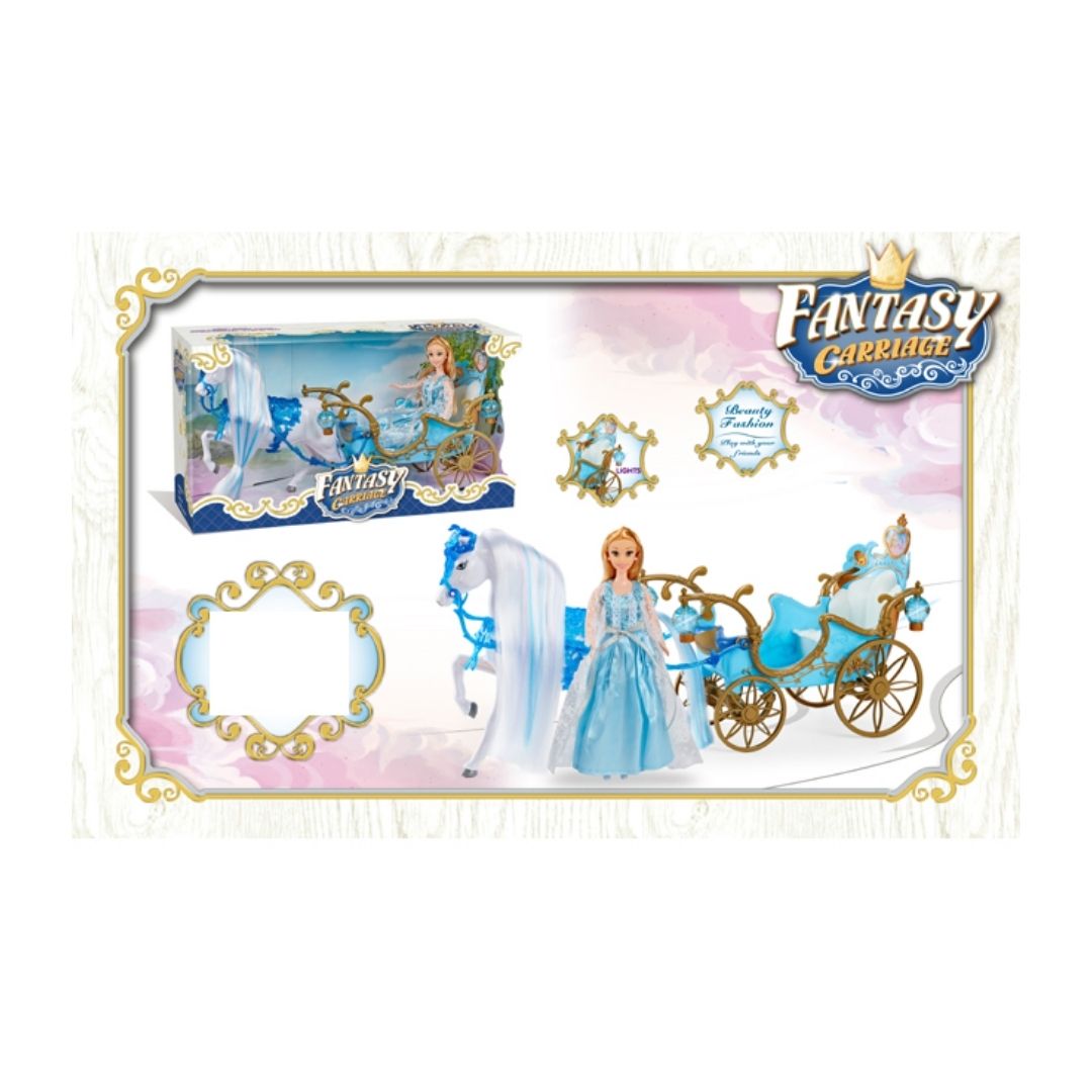 Vibrant multicolor Fantasy Carriage with a royal princess doll, featuring a decorative horse-drawn carriage with rotating wheels and intricate gold-toned detailing.