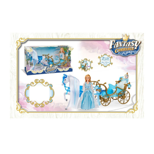 Vibrant multicolor Fantasy Carriage with a royal princess doll, featuring a decorative horse-drawn carriage with rotating wheels and intricate gold-toned detailing.