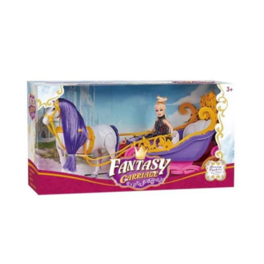 Fantasy Carriage featuring a pink and blue pumpkin-style coach with gold wheels, a white horse with a long mane, and a beautiful doll in a matching fabric gown.