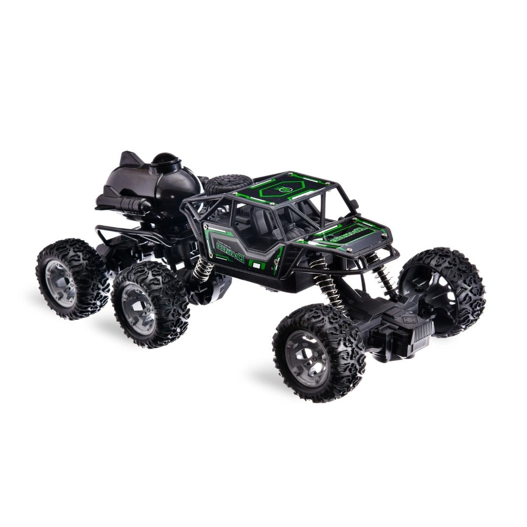 LT RC Cars 1:14 scale multicolor RC Rock Crawler featuring high-grip off-road tires, independent suspension, and a realistic water-based mist spray exhaust effect.