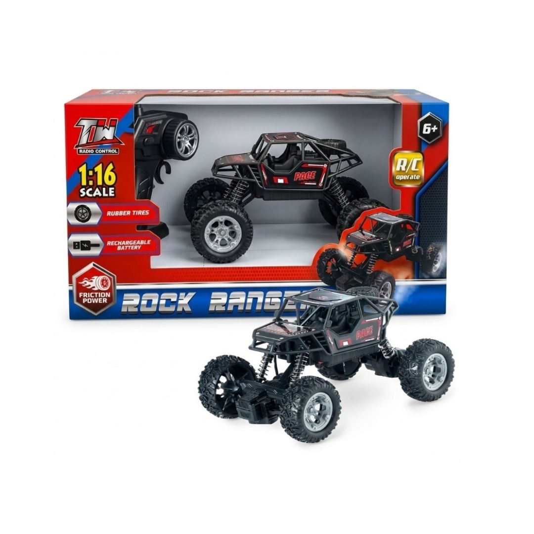LT RC Cars RC Rock Ranger 1:16 scale 4WD remote control off-road rock crawler featuring rugged oversized deep-tread tires, heavy-duty suspension springs, roll-cage chassis, and wireless remote controller.