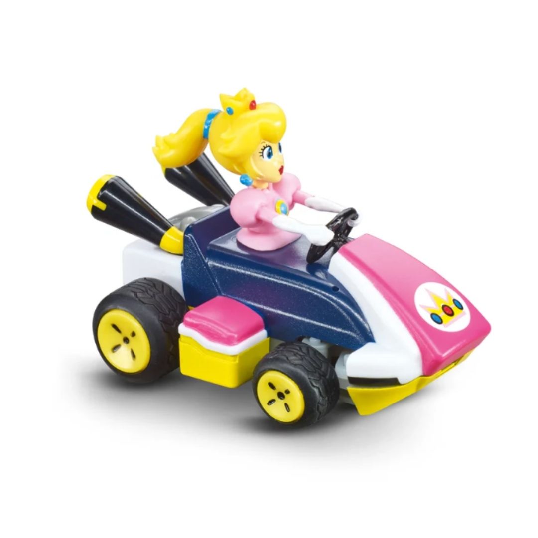 Princess Peach Mini RC car by Carrera, featuring Peach in her pink racing kart at 1:50 scale with a 2.4 GHz remote control that doubles as a storage case.