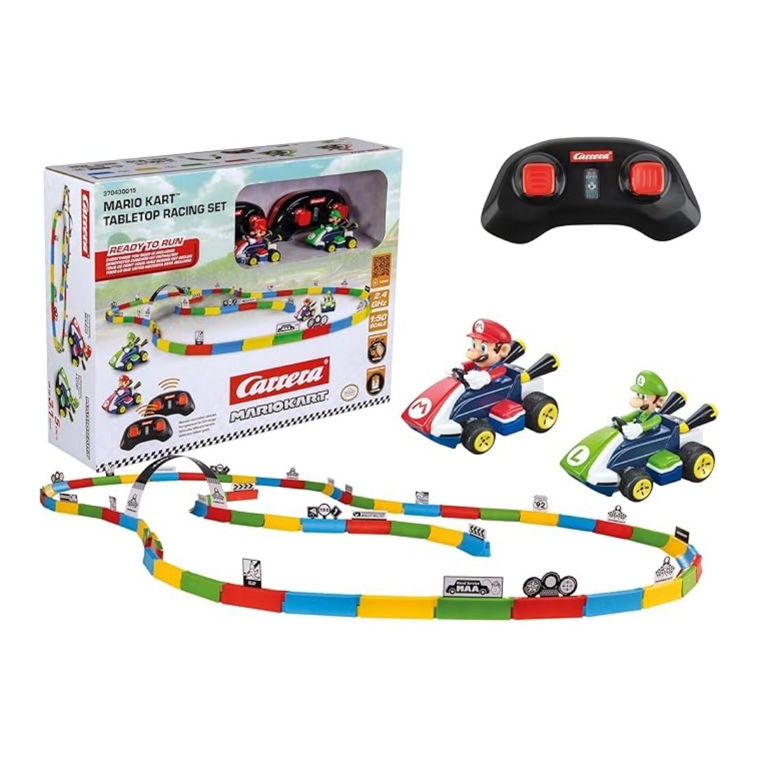 Carrera Mario Kart Tabletop Racing Set featuring Mario and Yoshi in detailed 1:43 scale slot cars on a black racetrack with two wired "manual" speed controllers.
