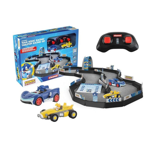 Carrera Team Sonic Racing Tabletop Racing Set featuring detailed Sonic and Tails slot cars, speed controllers, decorative track archways, and a compact tabletop circuit layout.