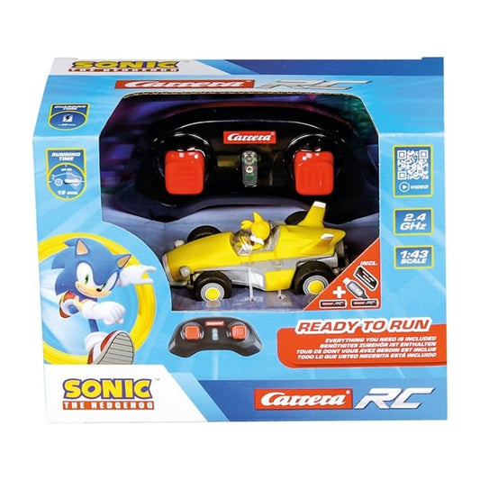 Tails Mini RC car by Carrera, featuring the two-tailed fox in his yellow and blue racing kart at 1:43 scale with a 2.4 GHz controller.