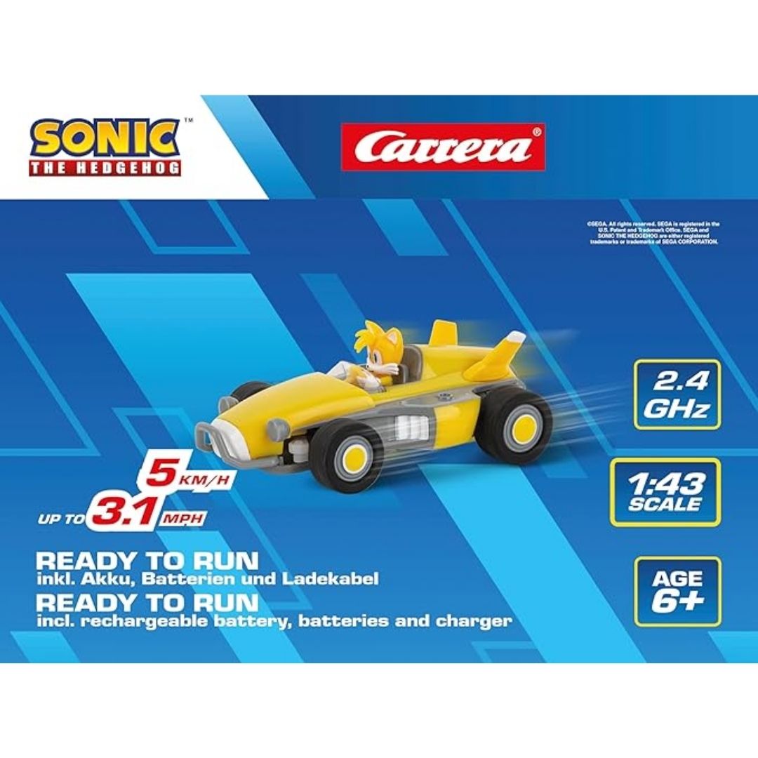 Tails Mini RC car by Carrera, featuring the two-tailed fox in his yellow and blue racing kart at 1:43 scale with a 2.4 GHz controller.