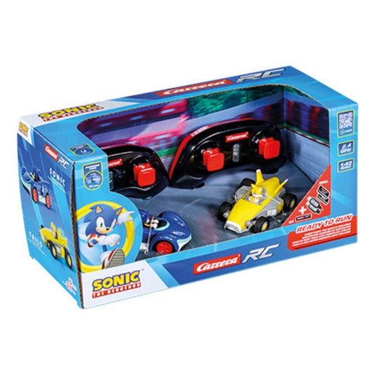Carrera RC Team Sonic Racing Twin Pack featuring Sonic the Hedgehog and Tails mini 1:43 scale remote control cars with two 2.4 GHz controllers.