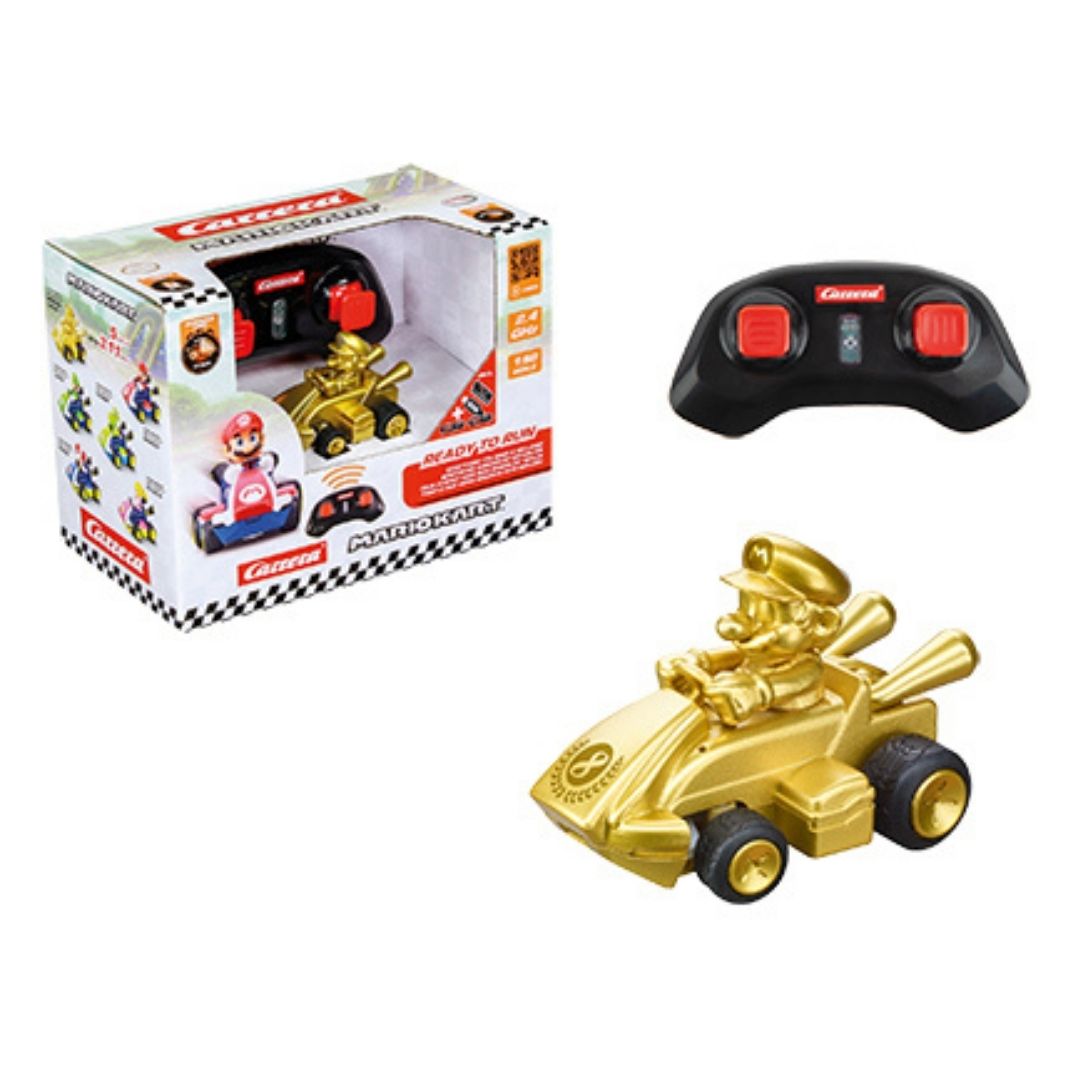 Gold Mario mini remote control car by Carrera RC, featuring a 1:50 scale metallic gold racing kart in eco-friendly paperbox packaging.