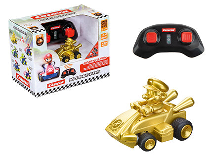 Gold Mario Mini RC car by Carrera, featuring a metallic gold 1:50 scale Mario Kart and a 2.4 GHz remote controller.