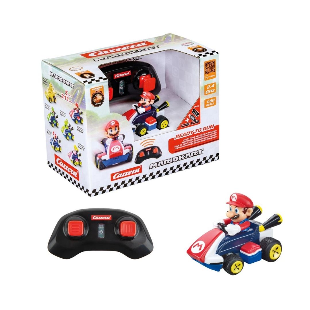 Mario Kart mini remote control car by Carrera RC, featuring Mario in his signature red kart at 1:50 scale, packaged in a sustainable, plastic-free paper box.
