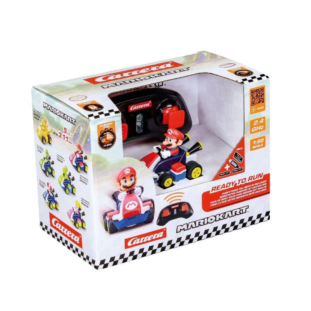 Mario Kart mini remote control car by Carrera RC, featuring Mario in his signature red kart at 1:50 scale, packaged in a sustainable, plastic-free paper box.