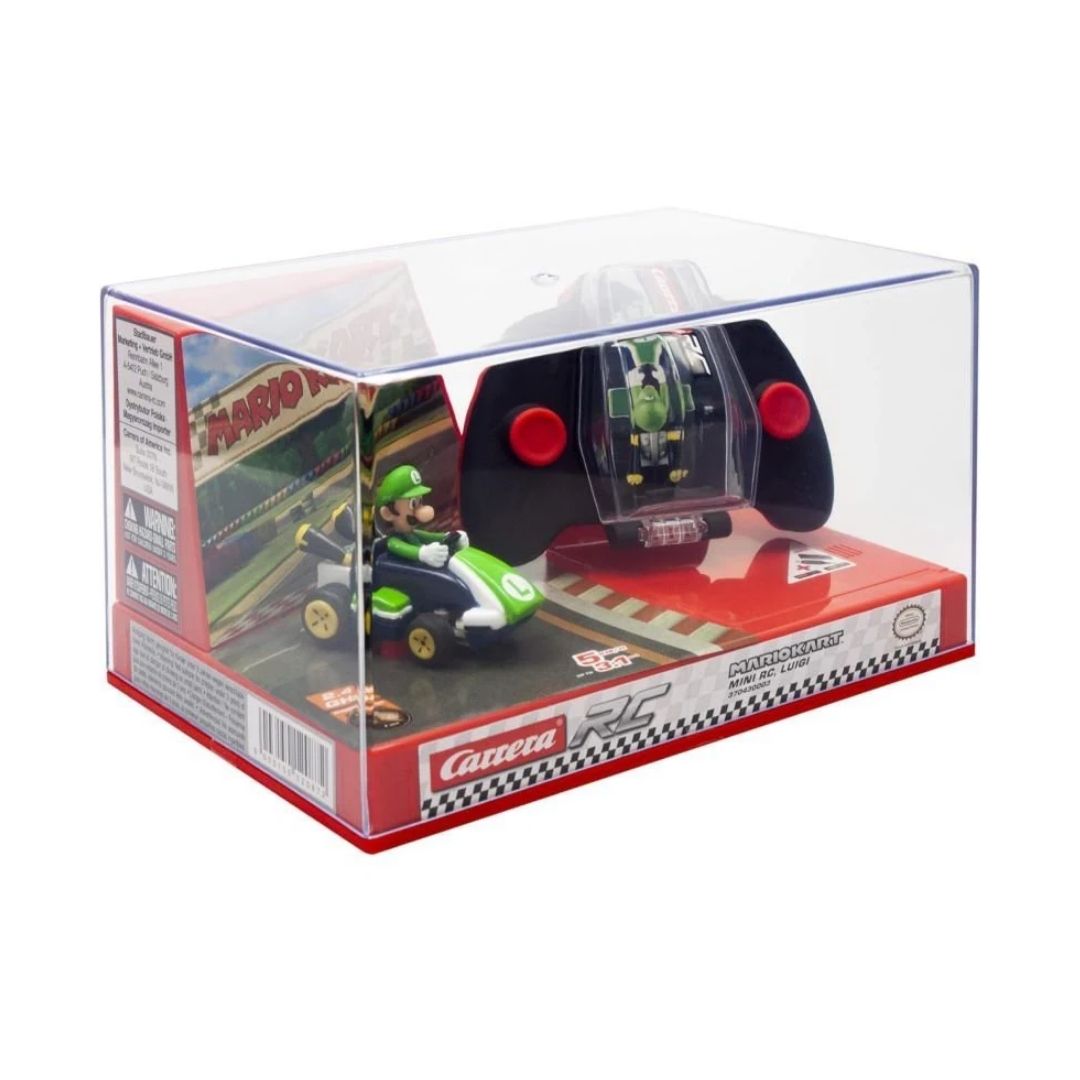 Luigi Mario Kart mini RC car by Carrera, featuring a 1:50 scale Luigi in his green racing kart with a 2.4 GHz handheld remote controller.
