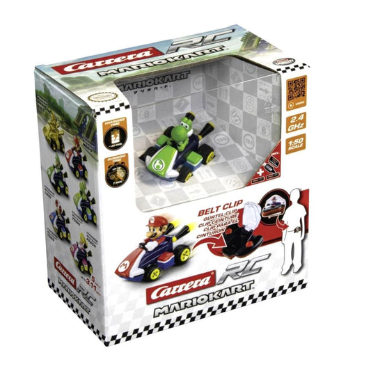 Yoshi Mario Kart mini RC car by Carrera, featuring a detailed 1:50 scale Yoshi in his green racing kart with a 2.4 GHz handheld remote controller.