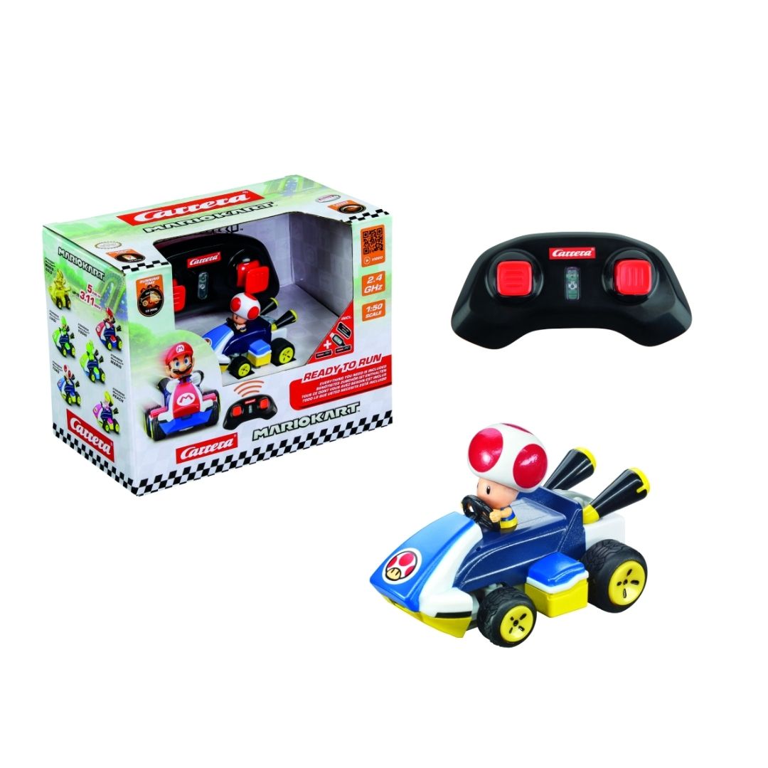 Toad Mini RC car by Carrera, featuring the iconic 1:50 scale Toad in his blue racing kart inside sustainable, plastic-free paperbox packaging.