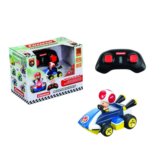 Toad Mini RC car by Carrera, featuring the iconic 1:50 scale Toad in his blue racing kart inside sustainable, plastic-free paperbox packaging.
