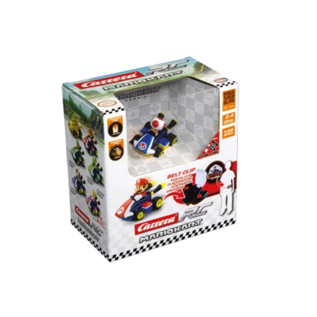 Toad Mario Kart mini RC car by Carrera, featuring a 1:50 scale Toad in his signature blue and white racing kart with a 2.4 GHz remote controller.