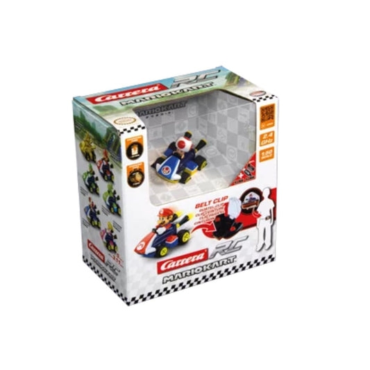 Toad Mario Kart mini RC car by Carrera, featuring a 1:50 scale Toad in his signature blue and white racing kart with a 2.4 GHz remote controller.