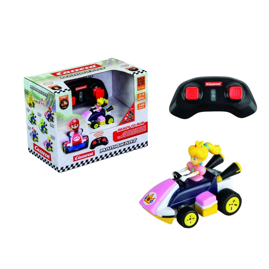 Princess Peach Mini RC car by Carrera, featuring the 1:50 scale Peach in her pink racing kart inside plastic-free, sustainable paperbox packaging.