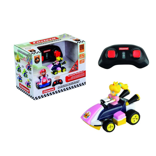 Princess Peach Mini RC car by Carrera, featuring the 1:50 scale Peach in her pink racing kart inside plastic-free, sustainable paperbox packaging.