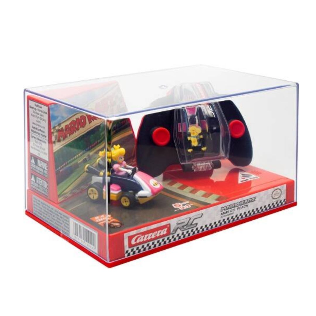 Princess Peach Mario Kart mini RC car by Carrera, featuring a detailed 1:50 scale Peach in her pink racing kart with a 2.4 GHz handheld remote controller.