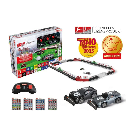 Carrera RC Bundesliga Soccer Set featuring two 2.4GHz remote control vehicles with soccer ball attachments and a mini football on a green pitch-themed background.