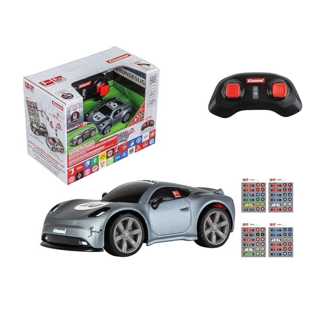 RC Bundesliga Special Edition mini remote control car in sleek grey, 1:43 scale with 2.4 GHz controller and official Bundesliga league branding.