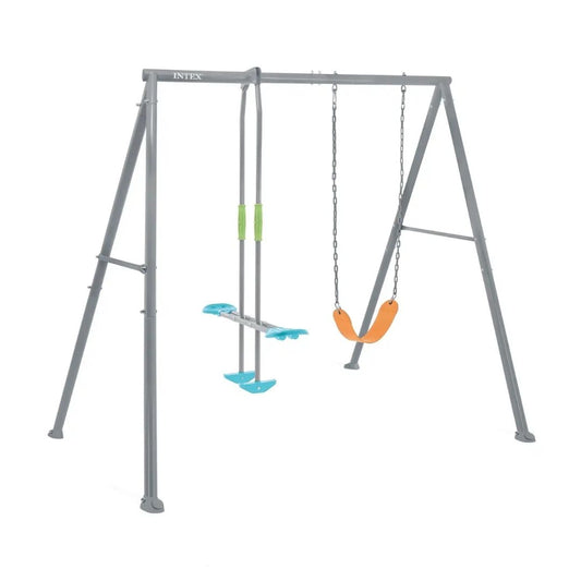 Deny Swing and Glide Two-Feature outdoor playset featuring two single swing seats on a durable steel frame with multicolor accents.