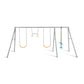 Deny Swing and Glide Four-Feature outdoor playset in gray featuring two single swing seats, a two-passenger glider swing, and a heavy-duty powder-coated metal frame.