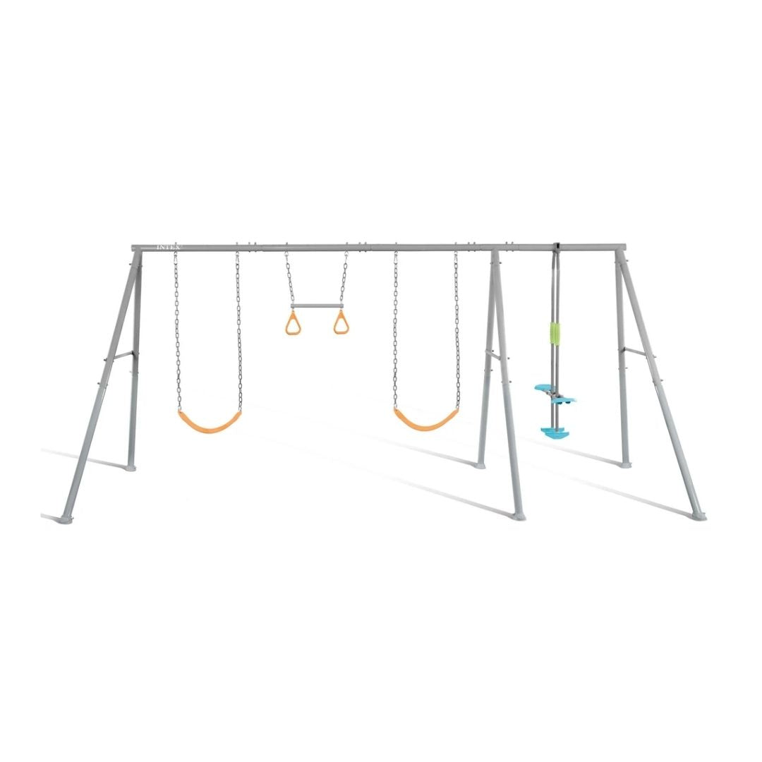 Deny Swing and Glide Four-Feature outdoor playset in gray featuring two single swing seats, a two-passenger glider swing, and a heavy-duty powder-coated metal frame.