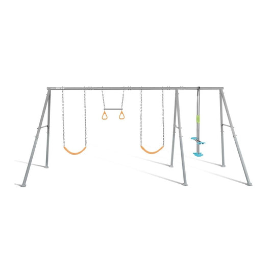 Deny Swing and Glide Four-Feature outdoor playset in gray featuring two single swing seats, a two-passenger glider swing, and a heavy-duty powder-coated metal frame.