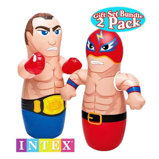 Two assorted Intex 3D Bop Bags featuring a boxer with blue trunks and a masked wrestler in red, designed with a weighted base for stand-up play.