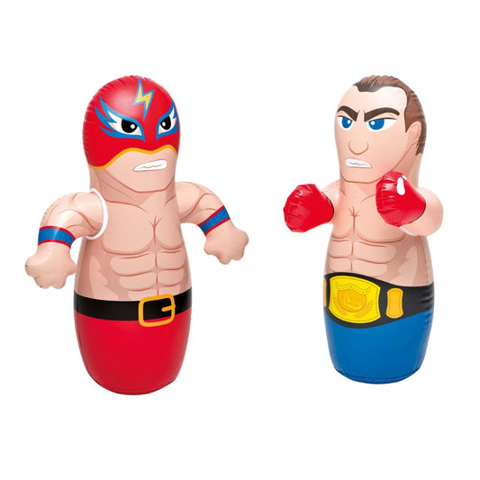 Two assorted Intex 3D Bop Bags featuring a boxer with blue trunks and a masked wrestler in red, designed with a weighted base for stand-up play.
