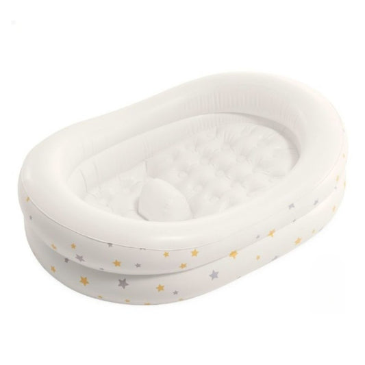 White inflatable Intex Starry Baby Bath featuring a soft padded floor and a "manual" drain plug for easy cleaning.