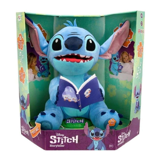 Interactive Disney Stitch Storyteller plush toy by IMC Toys featuring moving eyes and mouth, holding a tropical accessory, in a multicolor open-front display box.