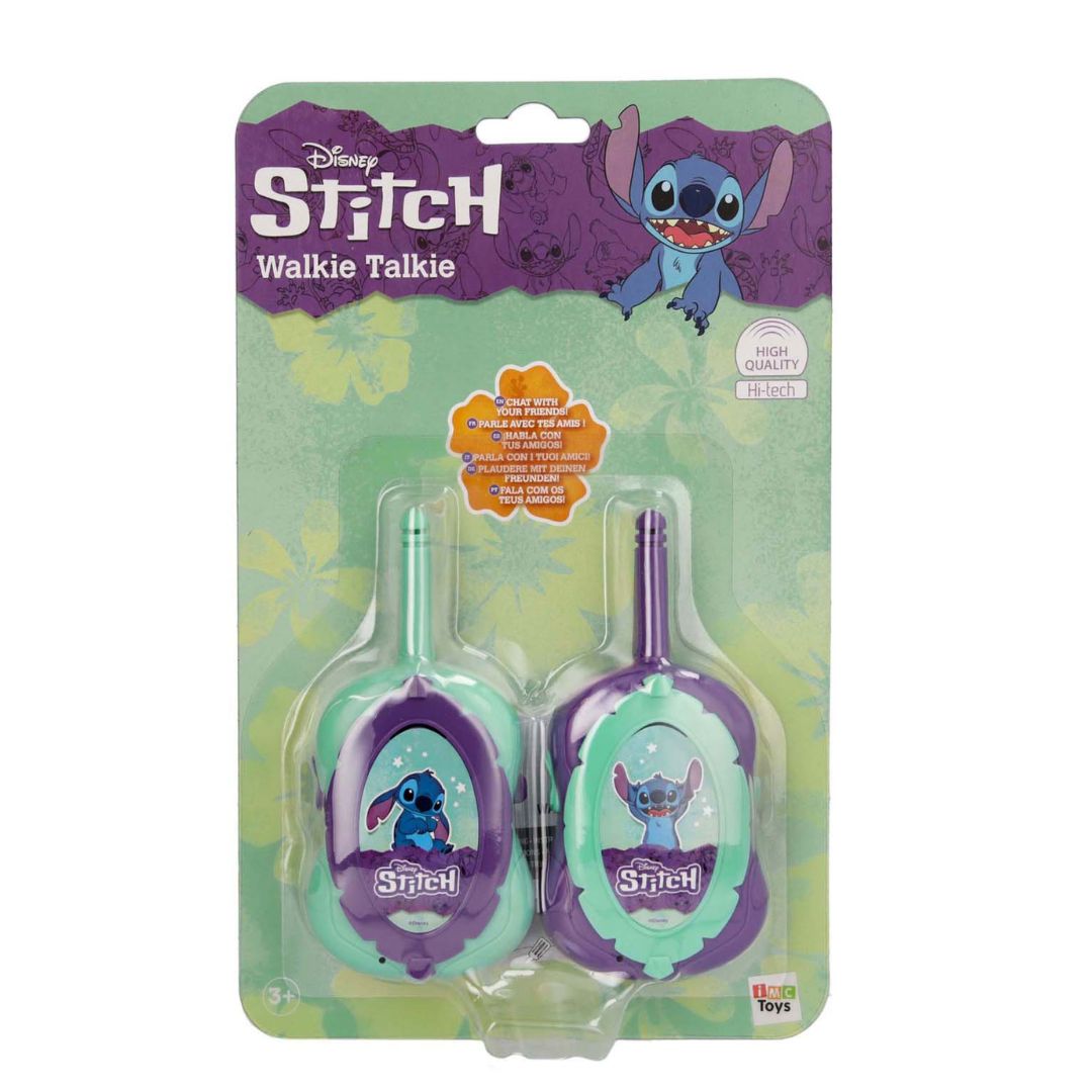 Two Disney Stitch themed walkie talkies by IMC Toys featuring Stitch's iconic blue ears, a push-to-talk button, and a durable antenna for long-range communication.