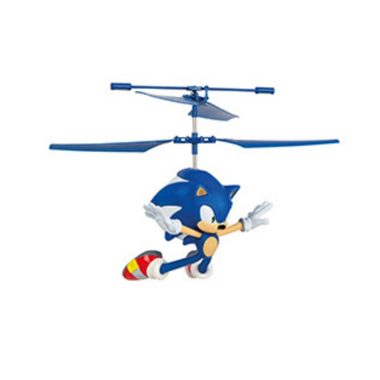 Sonic the Hedgehog RC helicopter by Carrera, featuring a detailed Sonic figure with dual coaxial rotors and a 2.4 GHz remote control for stable indoor flying.