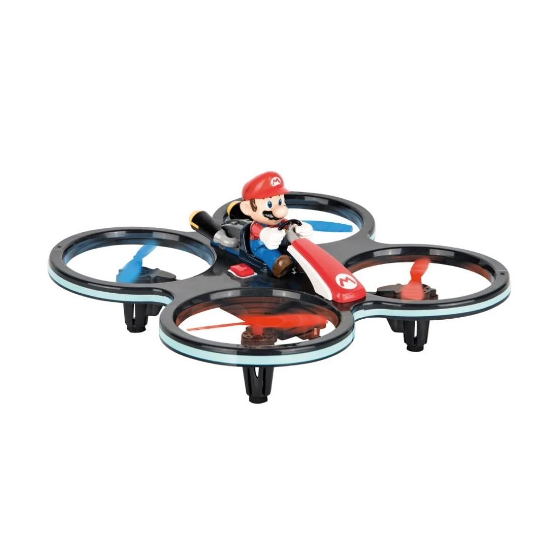 Mini Mario-Copter RC drone by Carrera, featuring Mario in a compact 4-rotor quadcopter design with a 2.4 GHz remote control and protective rotor guards.