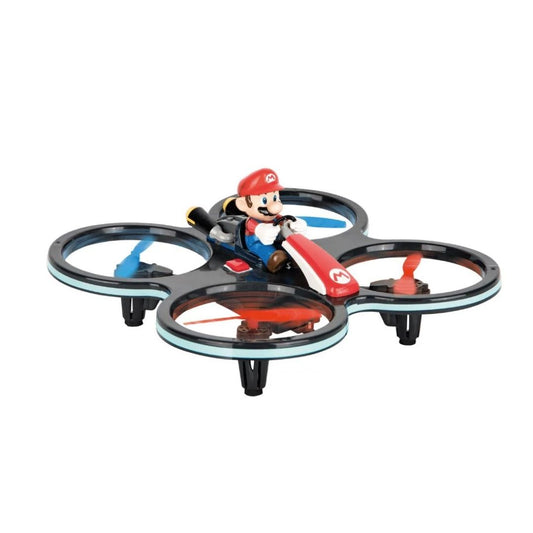 Mini Mario-Copter RC drone by Carrera, featuring Mario in a compact 4-rotor quadcopter design with a 2.4 GHz remote control and protective rotor guards.