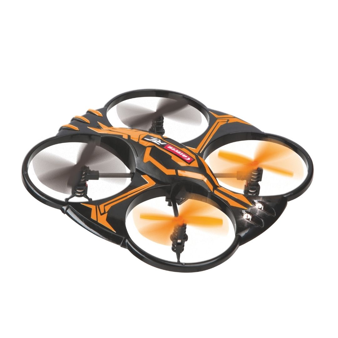 Carrera RC Quadcopter X2 remote control drone in a black and multicolor design, featuring four rotors with safety guards and a 2.4 GHz professional-style transmitter.