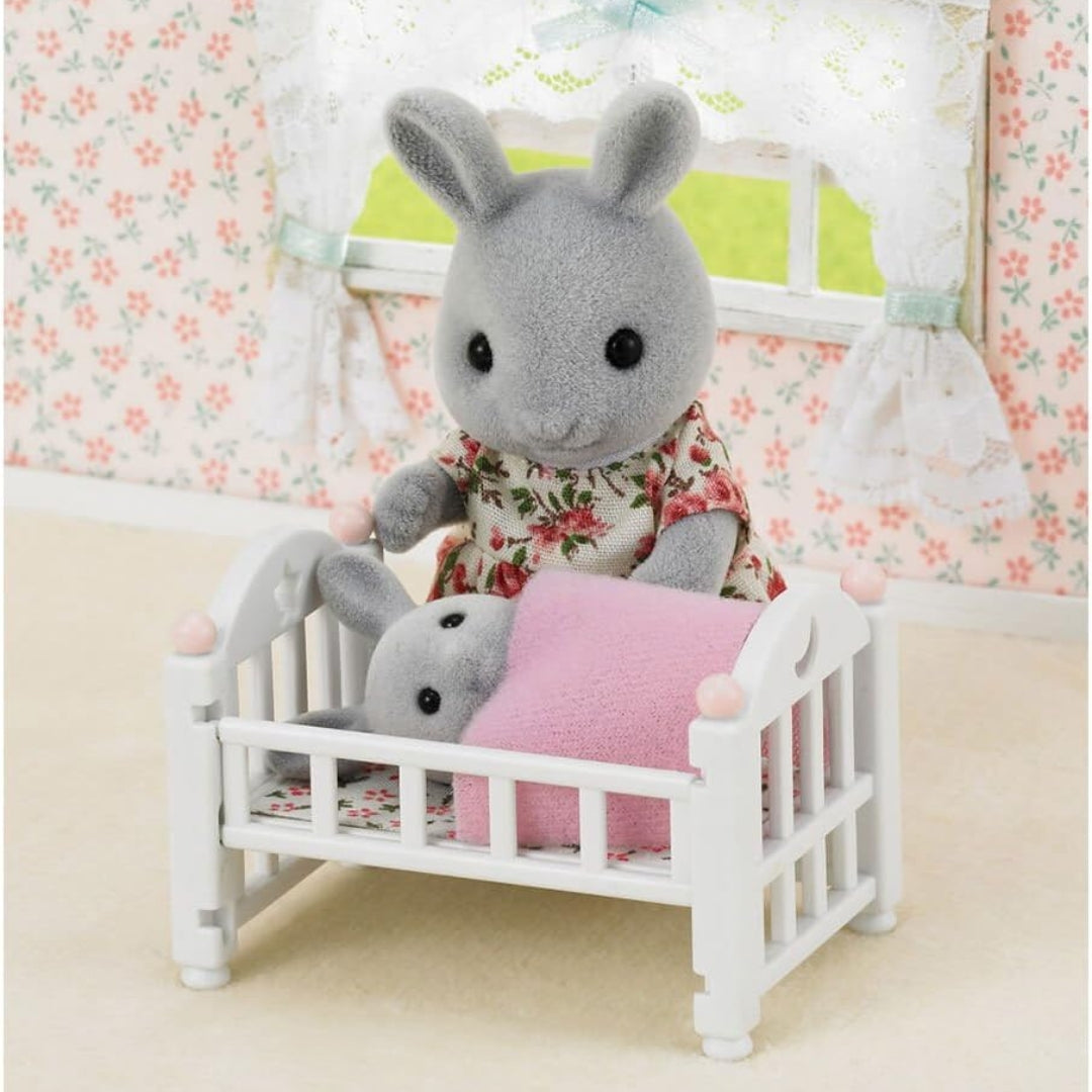 Sylvanian Families Baby Bed Set miniature white crib with blue blanket and mattress for dollhouse nursery play